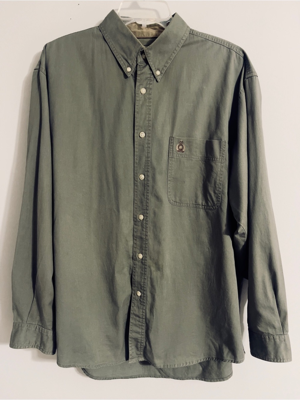 Vintage Bugle Boy Shirt Mens L Olive Green Crest Button Down Logo Pocket 90s y2k